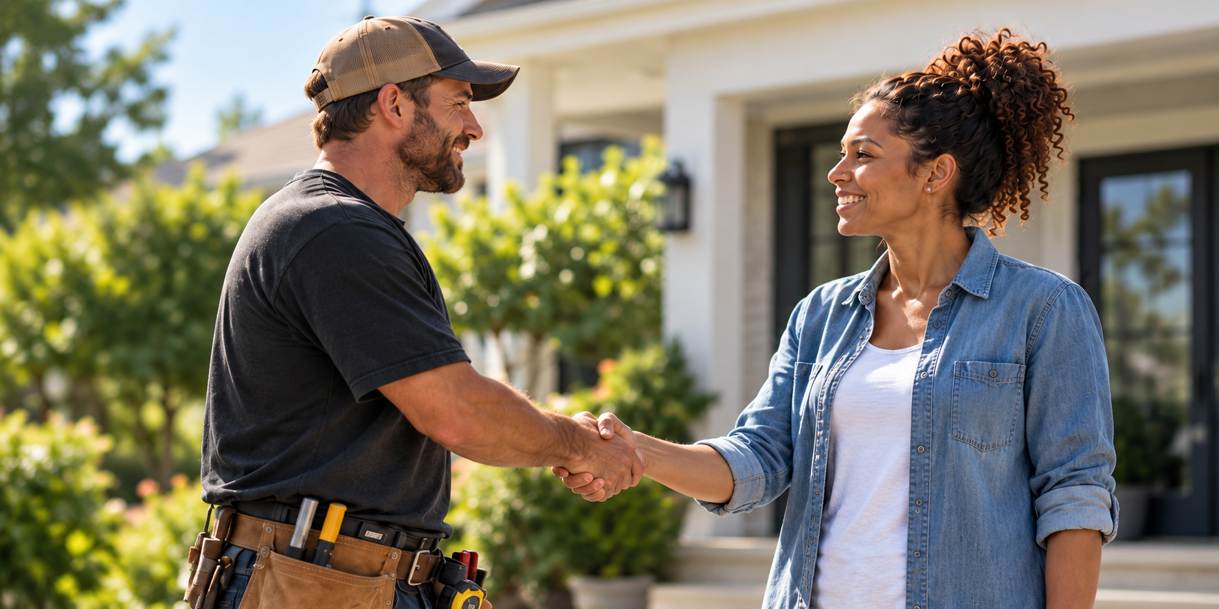 A Helpr and a Customer shaking hands outside a home